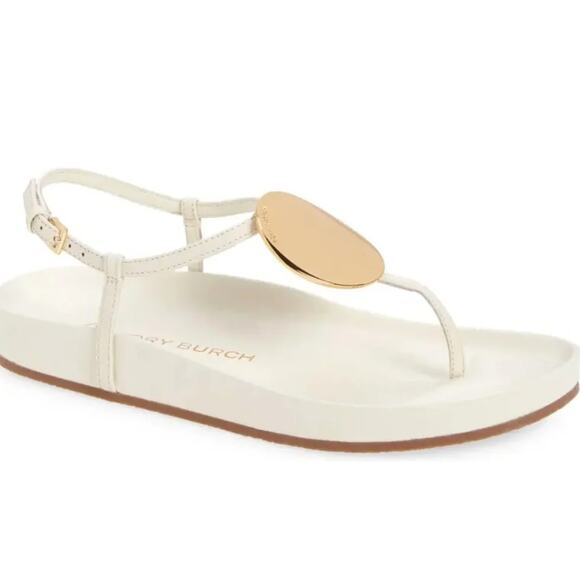 Tory Burch Shoes - Tory Burch Patos Disk Leather Thong Sandal Ivory